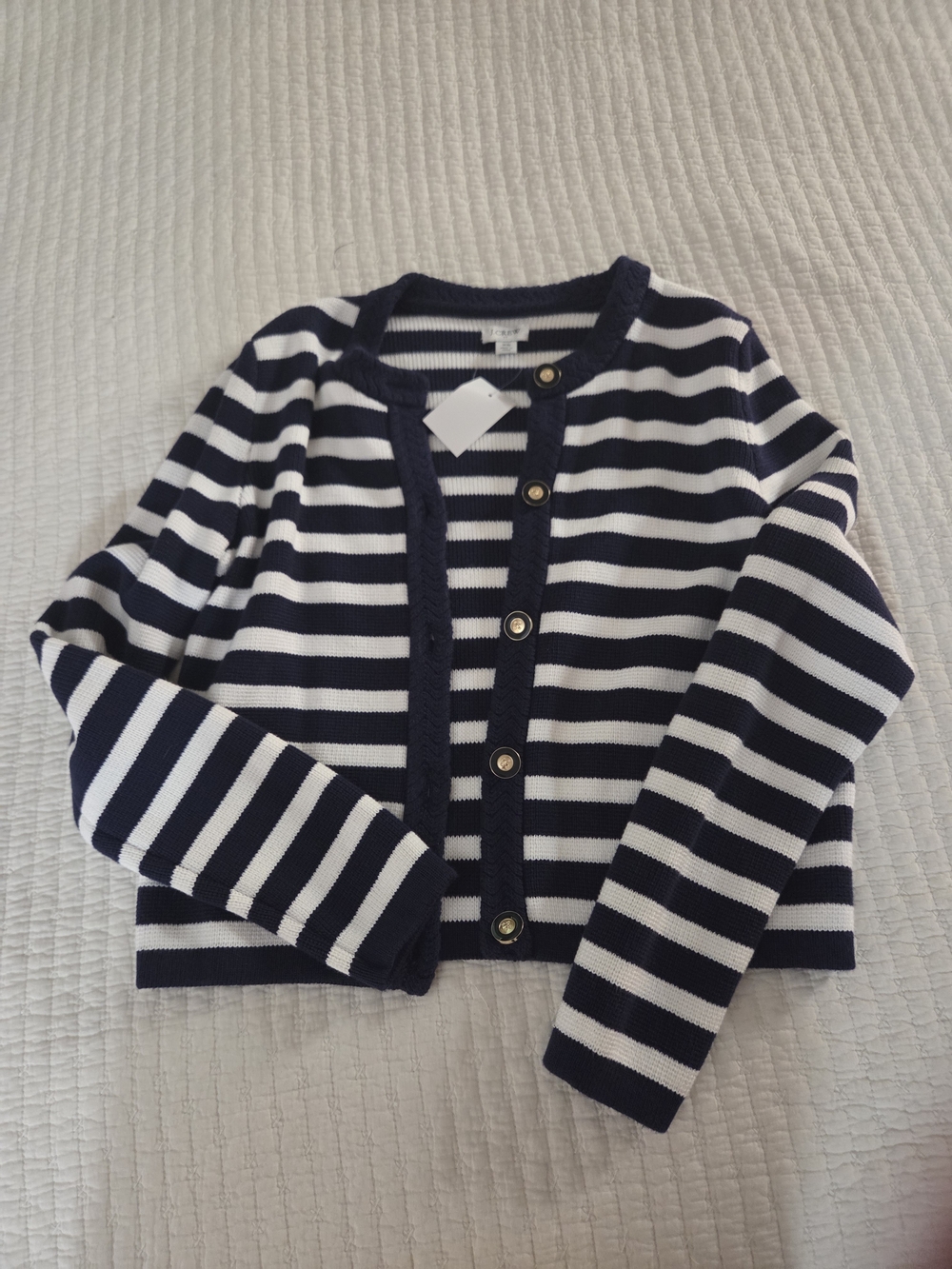 J. Crew Navy and White Striped Button Cardigan with Gold-Tone Buttons